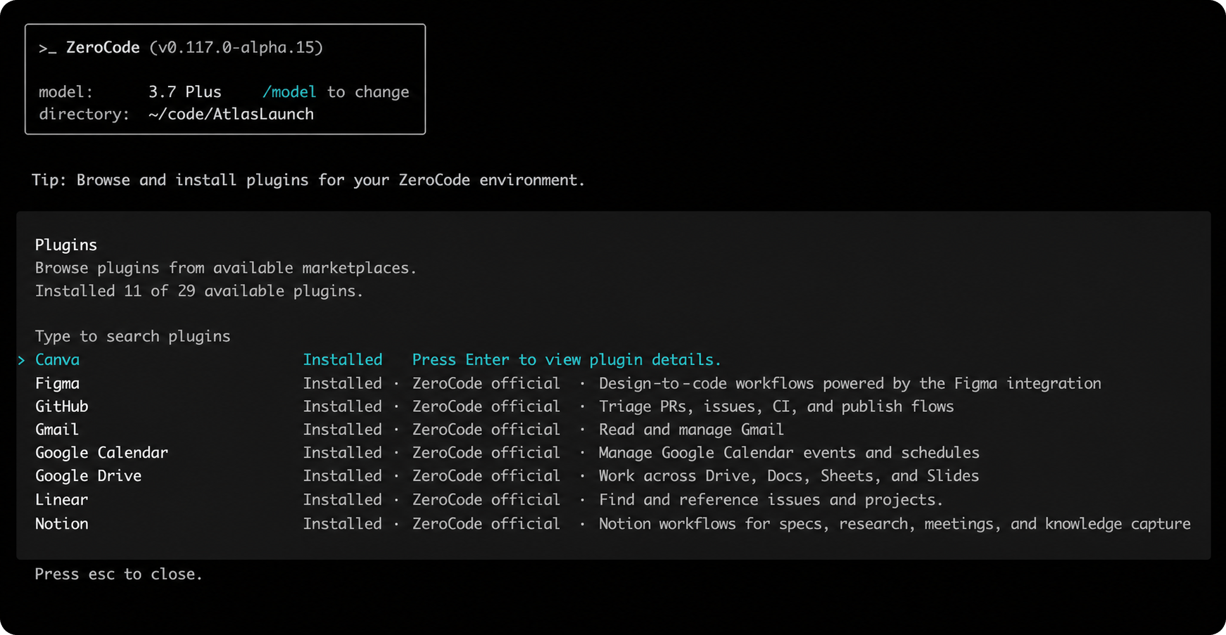 The ZeroCode plugin browser listing installed and available plugins