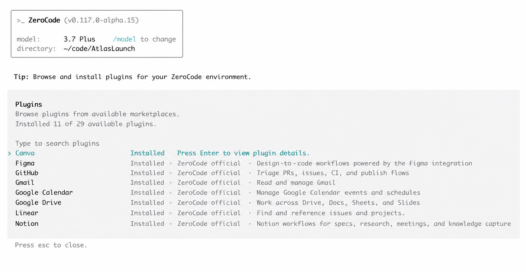 The ZeroCode plugin browser listing installed and available plugins