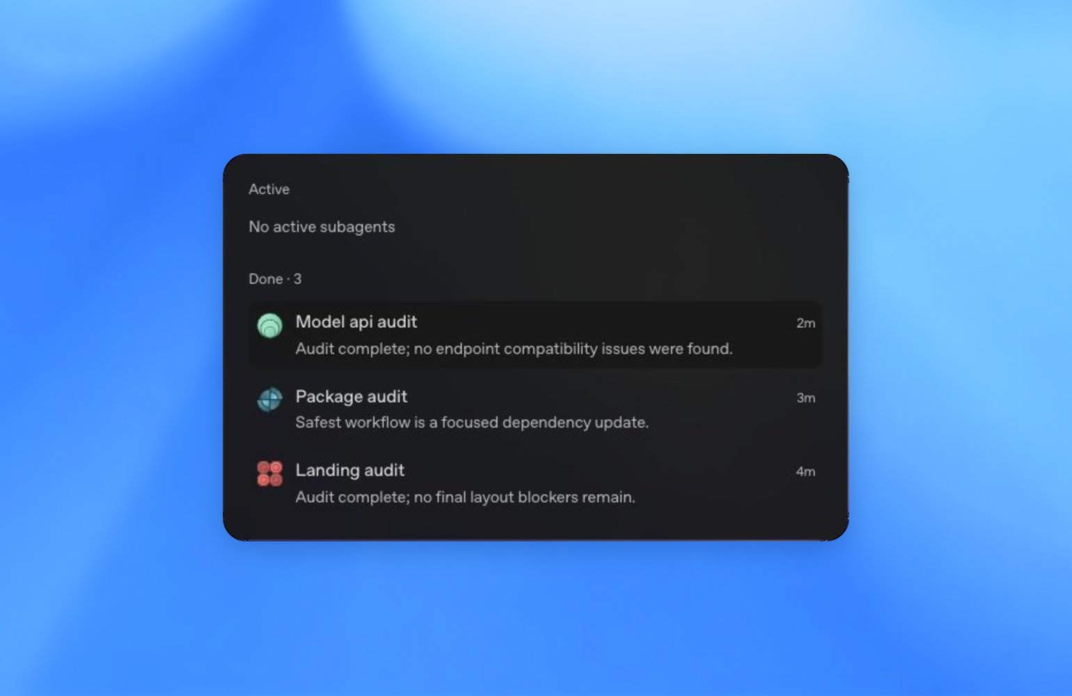 ZeroTwo subagent manager with Active and Done agent groups