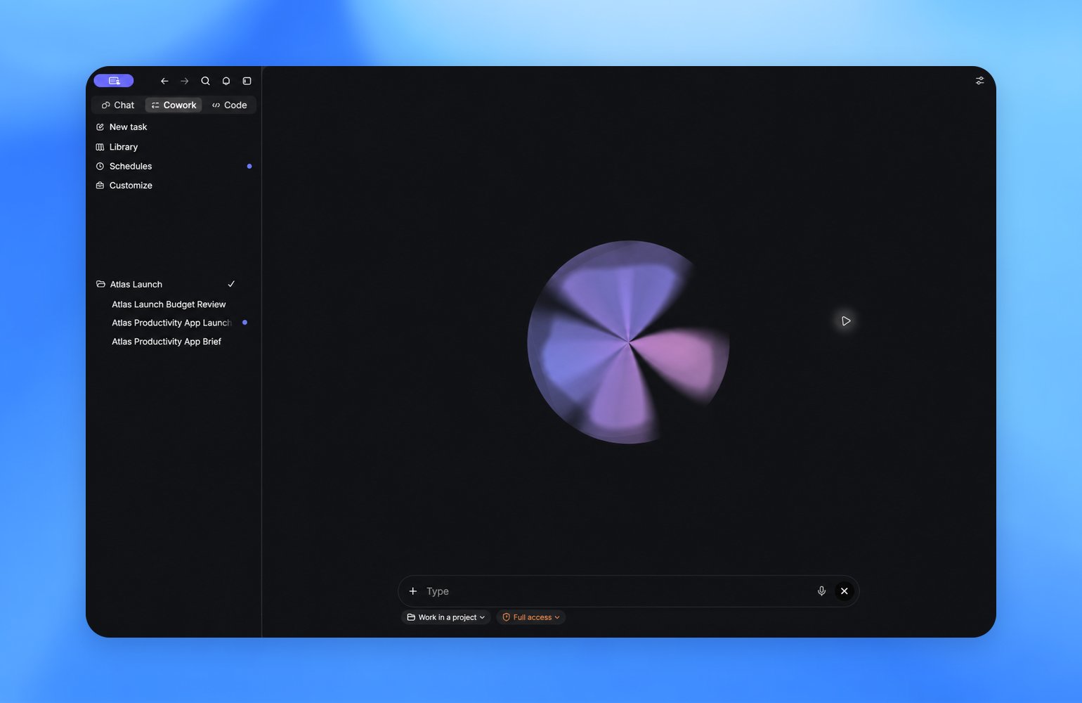 ZeroTwo desktop voice conversation with the voice orb beside the Atlas project sidebar