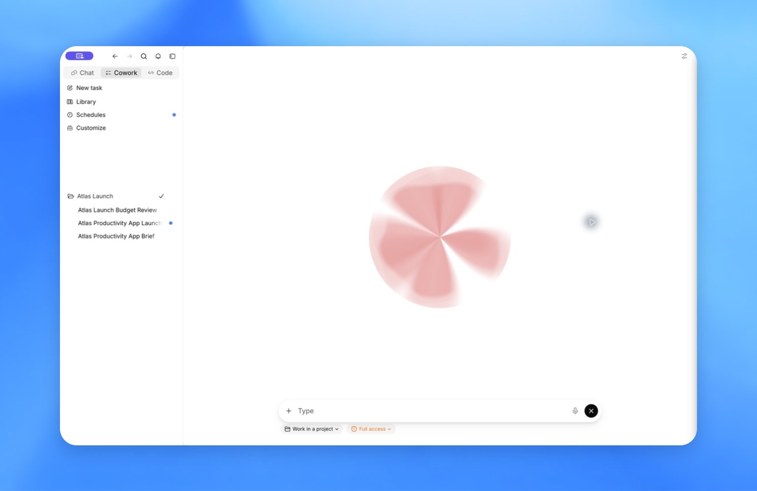 ZeroTwo desktop voice conversation with the voice orb beside the Atlas project sidebar