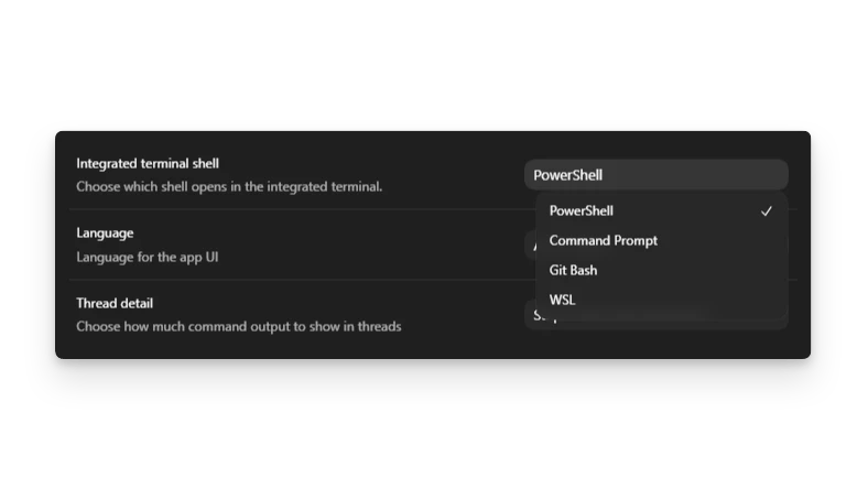 ZeroTwo desktop app settings showing the integrated terminal selection on Windows