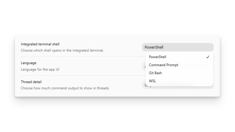 ZeroTwo desktop app settings showing the integrated terminal selection on Windows