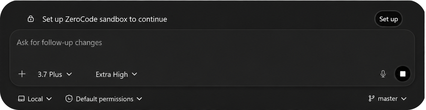 ZeroCode Windows sandbox setup prompt above the message composer