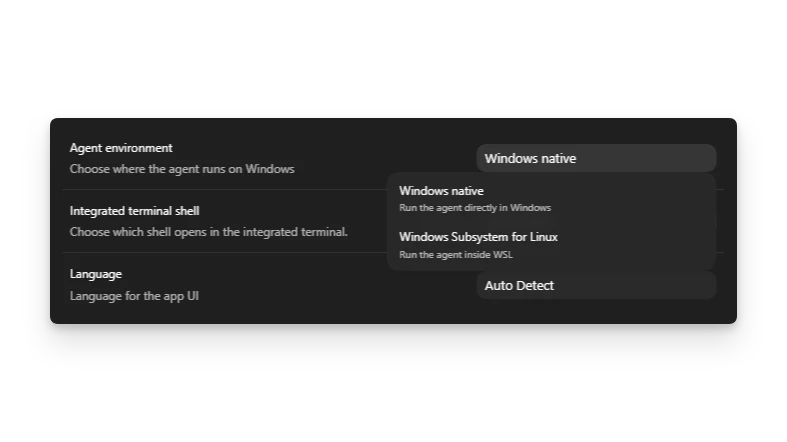 ZeroTwo Windows agent selector with Windows native and WSL options