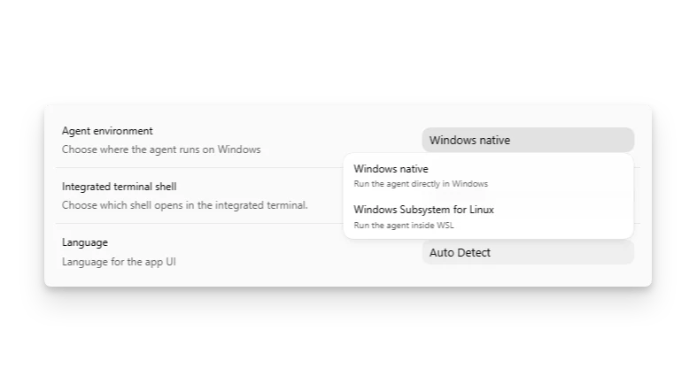 ZeroTwo Windows agent selector with Windows native and WSL options