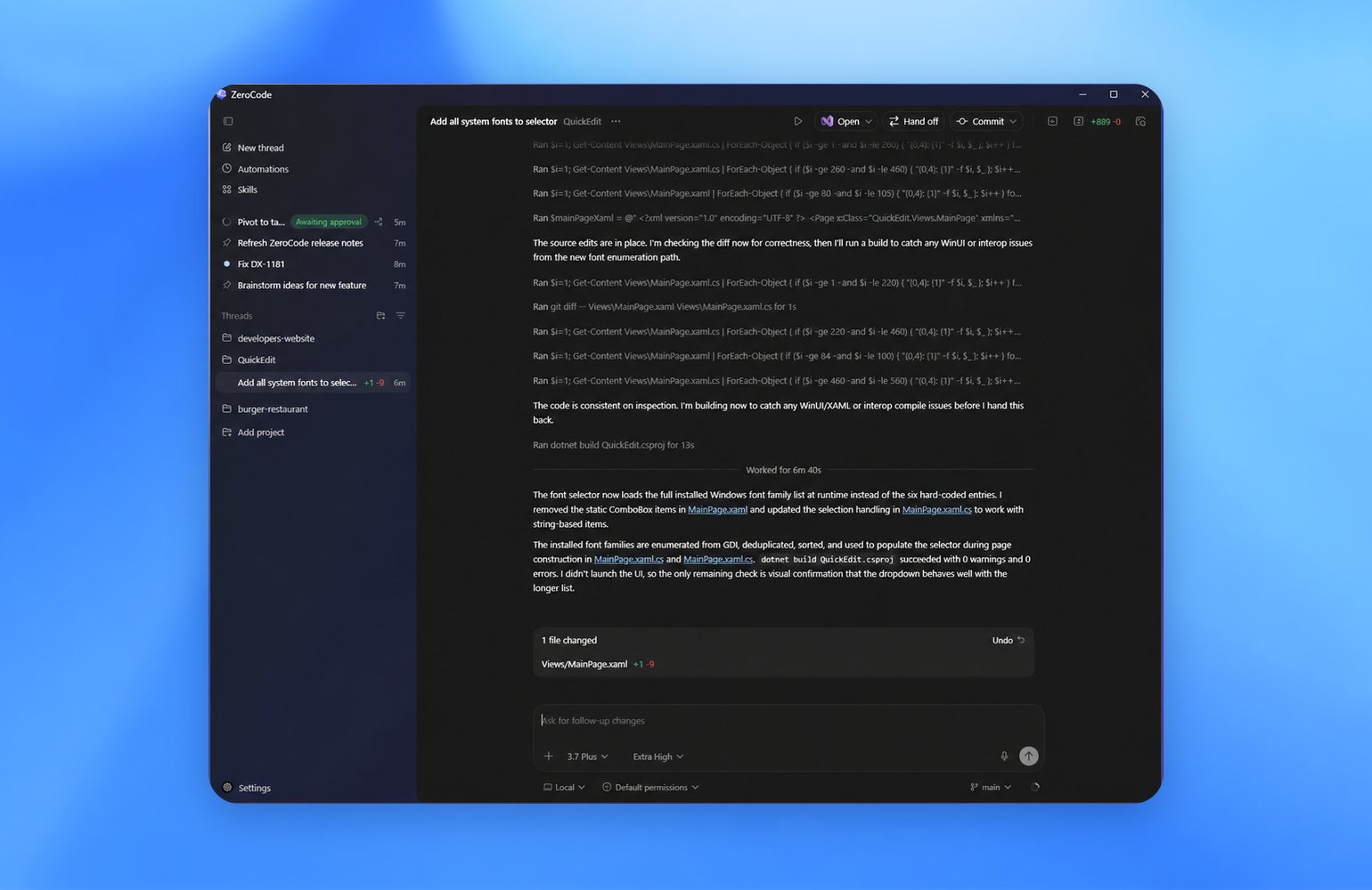 ZeroTwo desktop app for Windows showing a project sidebar, active chat, and review pane