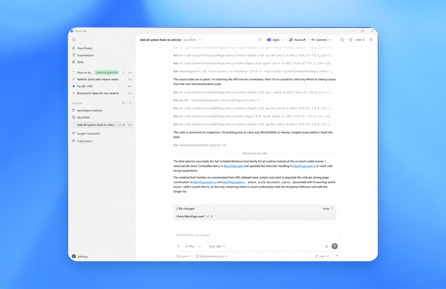 ZeroTwo desktop app for Windows showing a project sidebar, active chat, and review pane