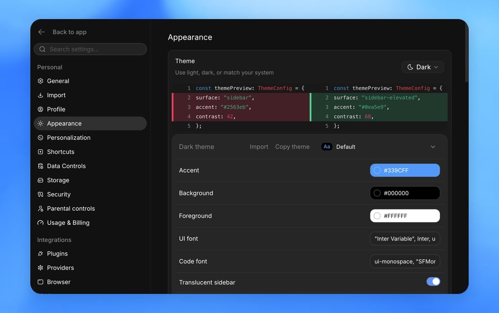 ZeroTwo Appearance settings with theme preview and interface controls