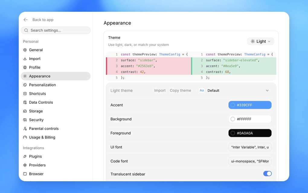 ZeroTwo Appearance settings with theme preview and interface controls