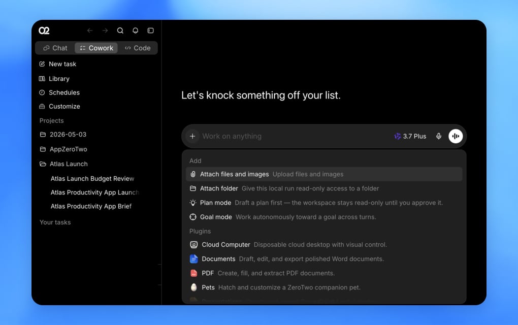 ZeroTwo Cowork sidebar and Add menu with files, modes, and plugins