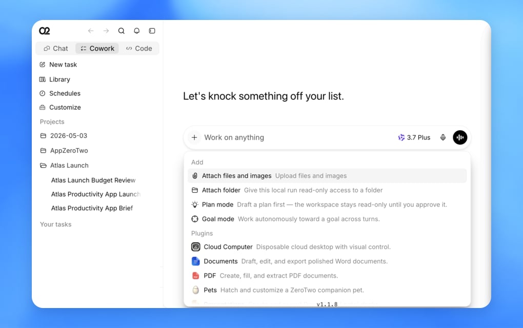 ZeroTwo Cowork sidebar and Add menu with files, modes, and plugins