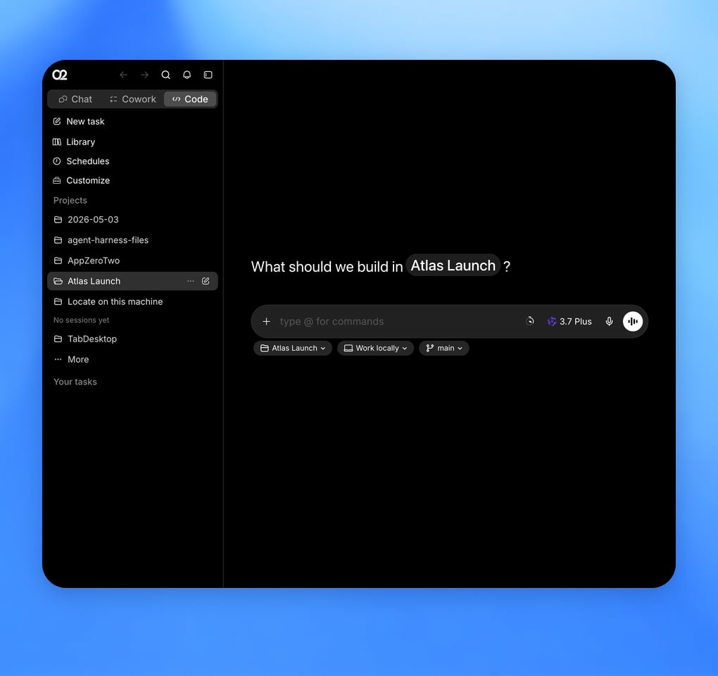 ZeroTwo Code home screen with the Atlas Launch project selected and the task composer ready