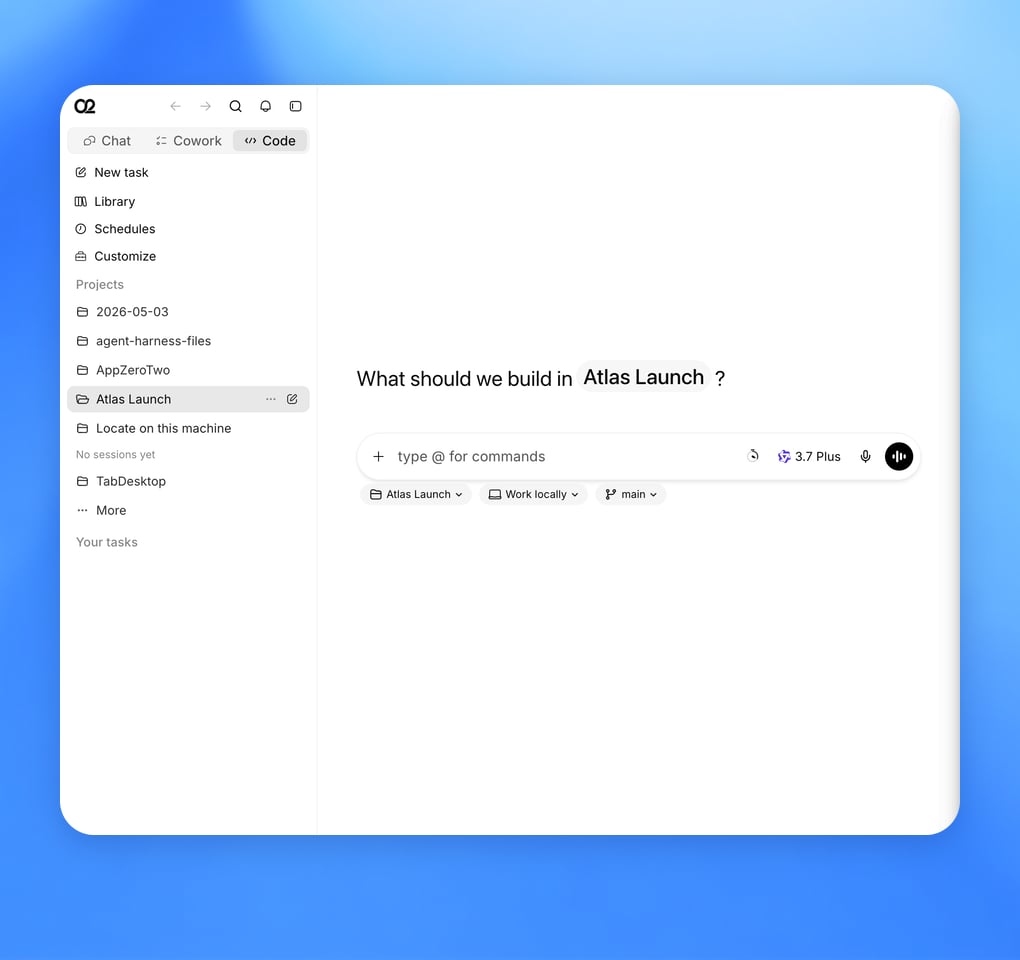 ZeroTwo Code home screen with the Atlas Launch project selected and the task composer ready