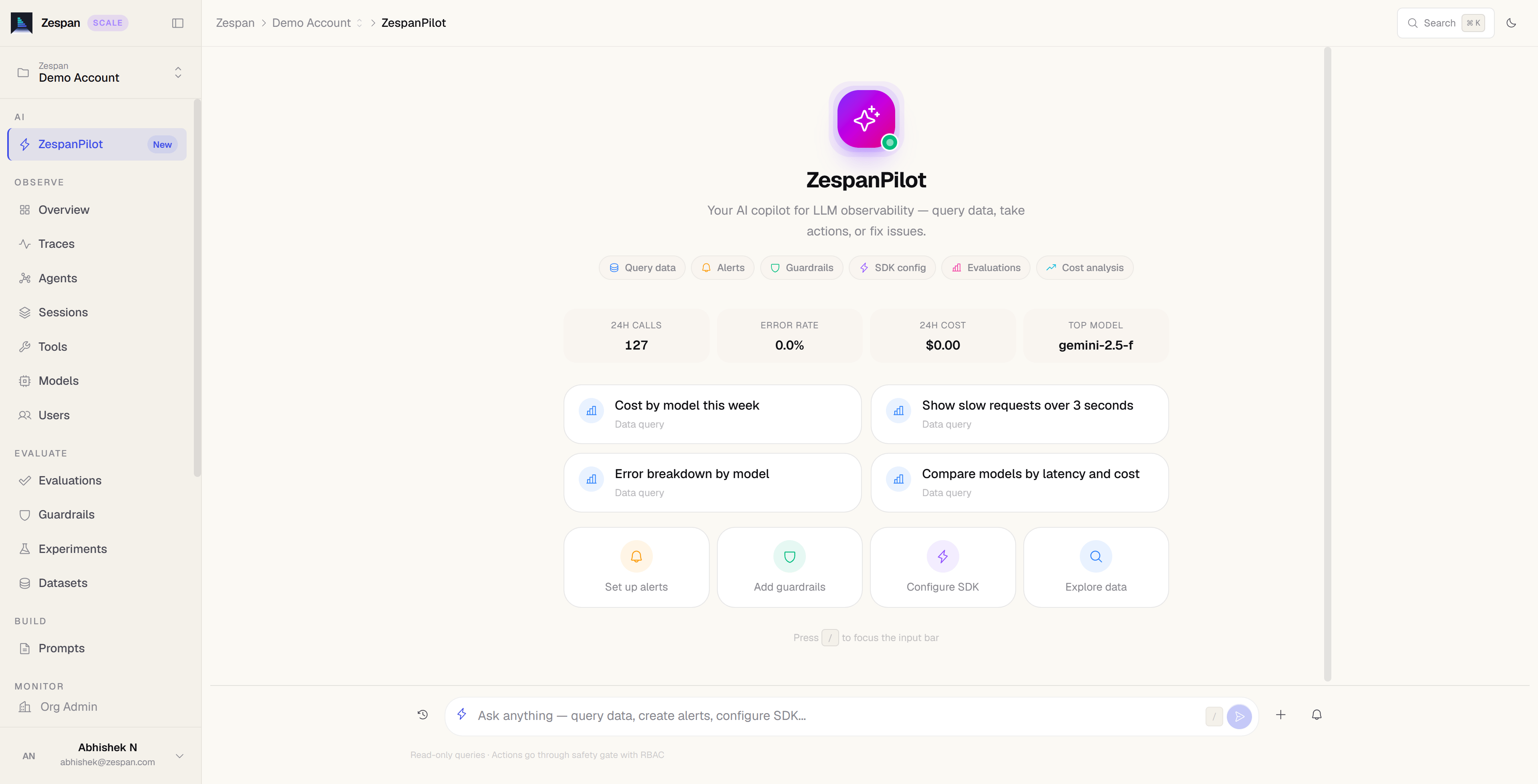ZespanPilot AI copilot panel showing natural language query and action execution