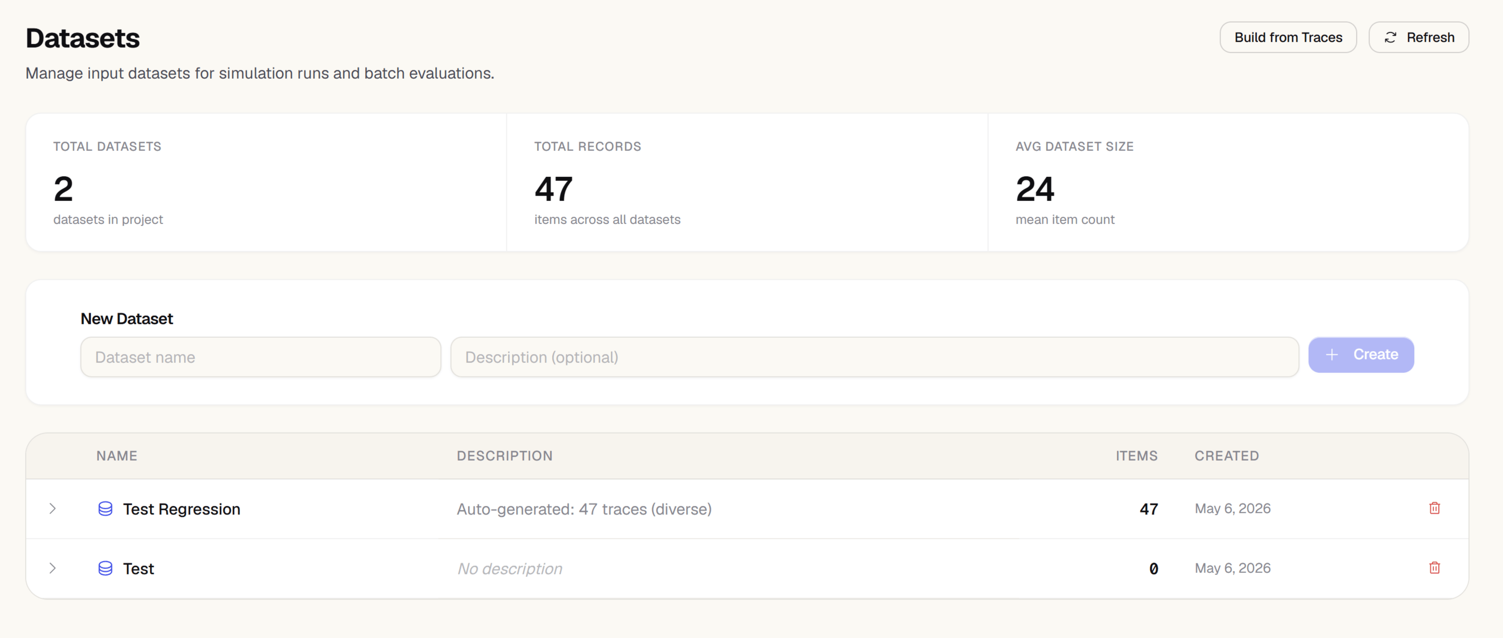 Zespan datasets view showing dataset list with item counts and evaluation history