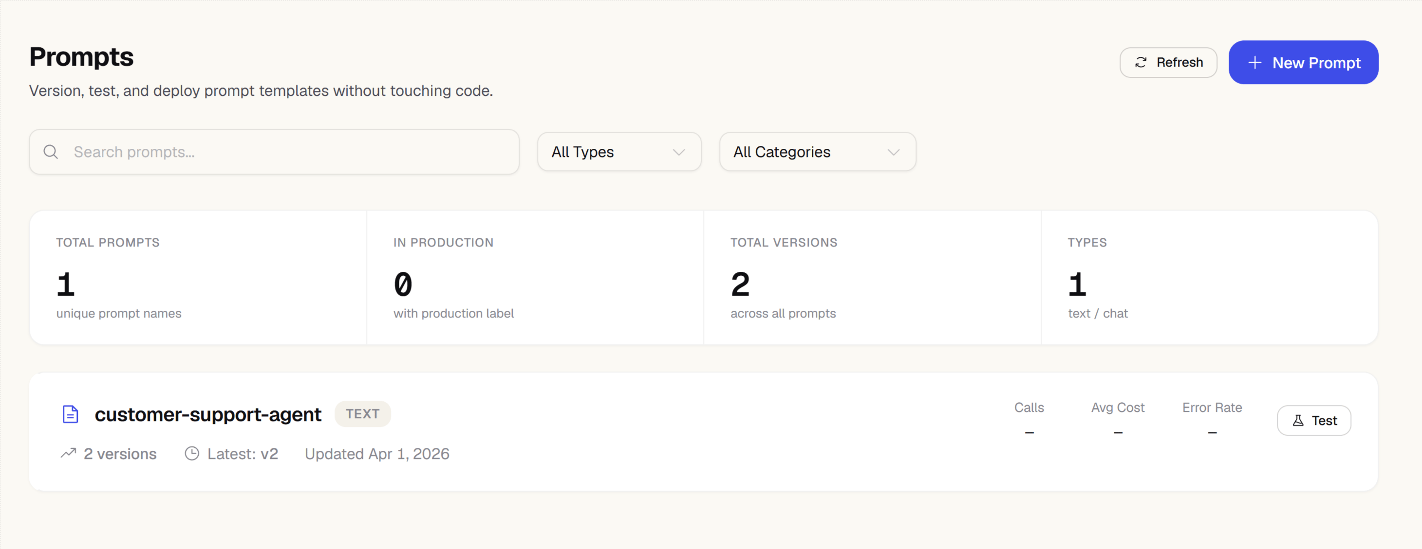 Zespan prompt management showing version history and label management