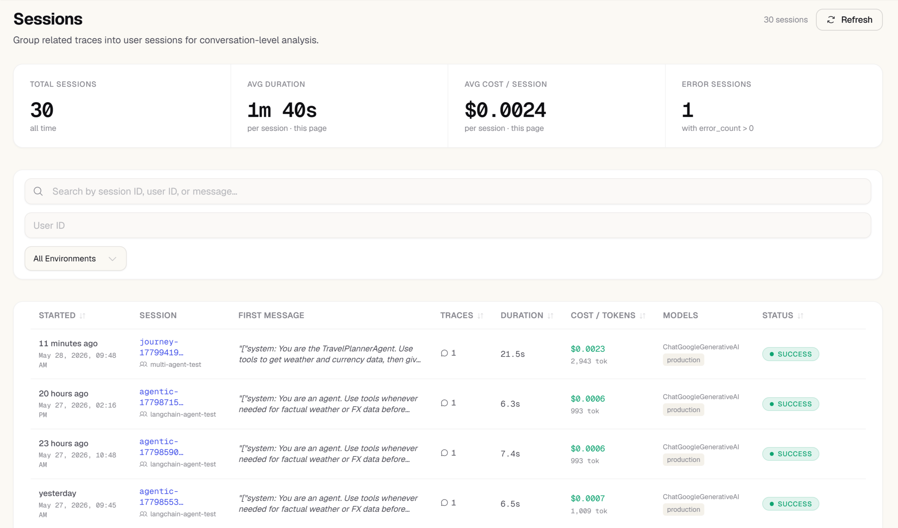 Zespan sessions view showing conversation list with cost and turn count