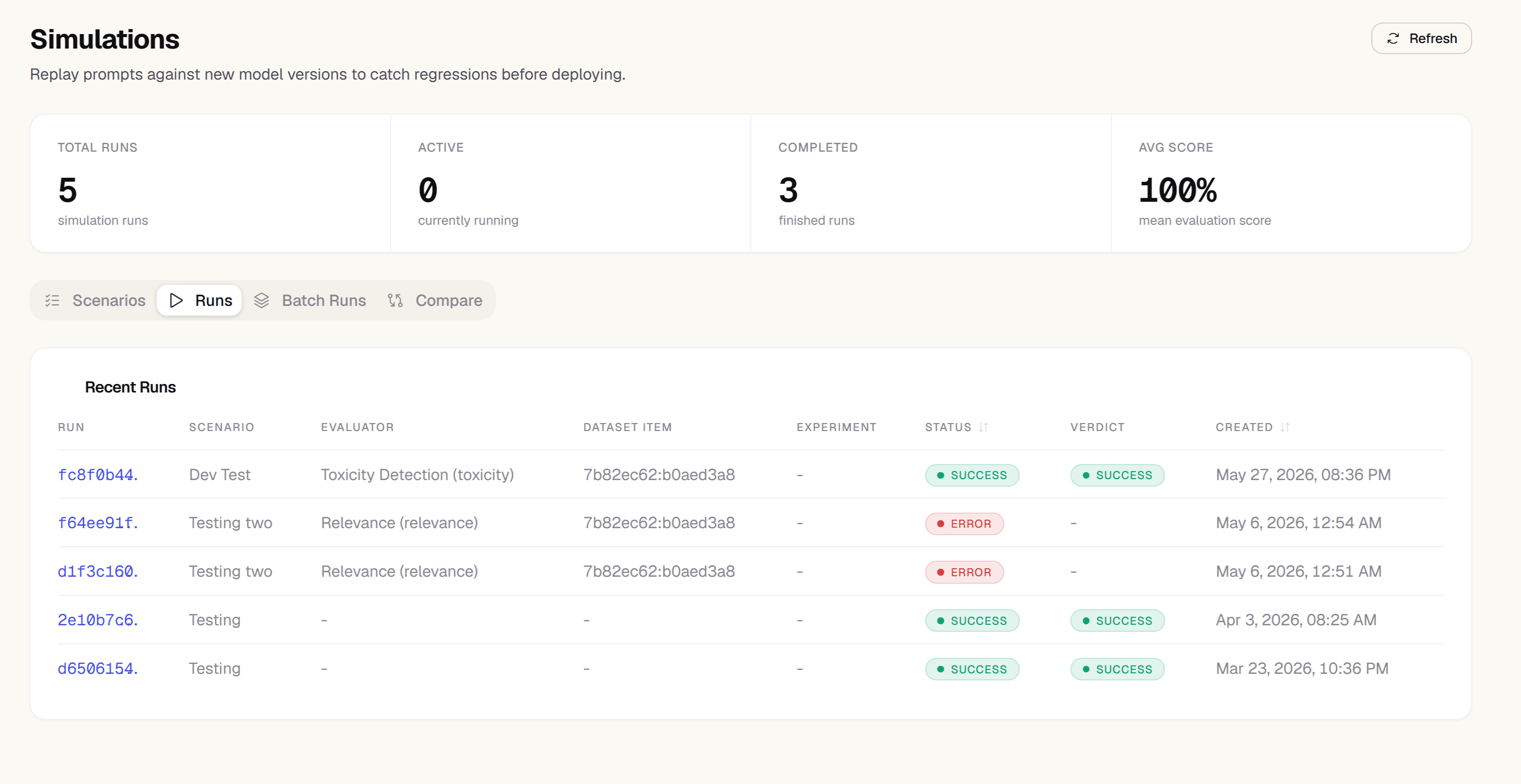 Zespan simulations dashboard showing dataset runs and evaluation results