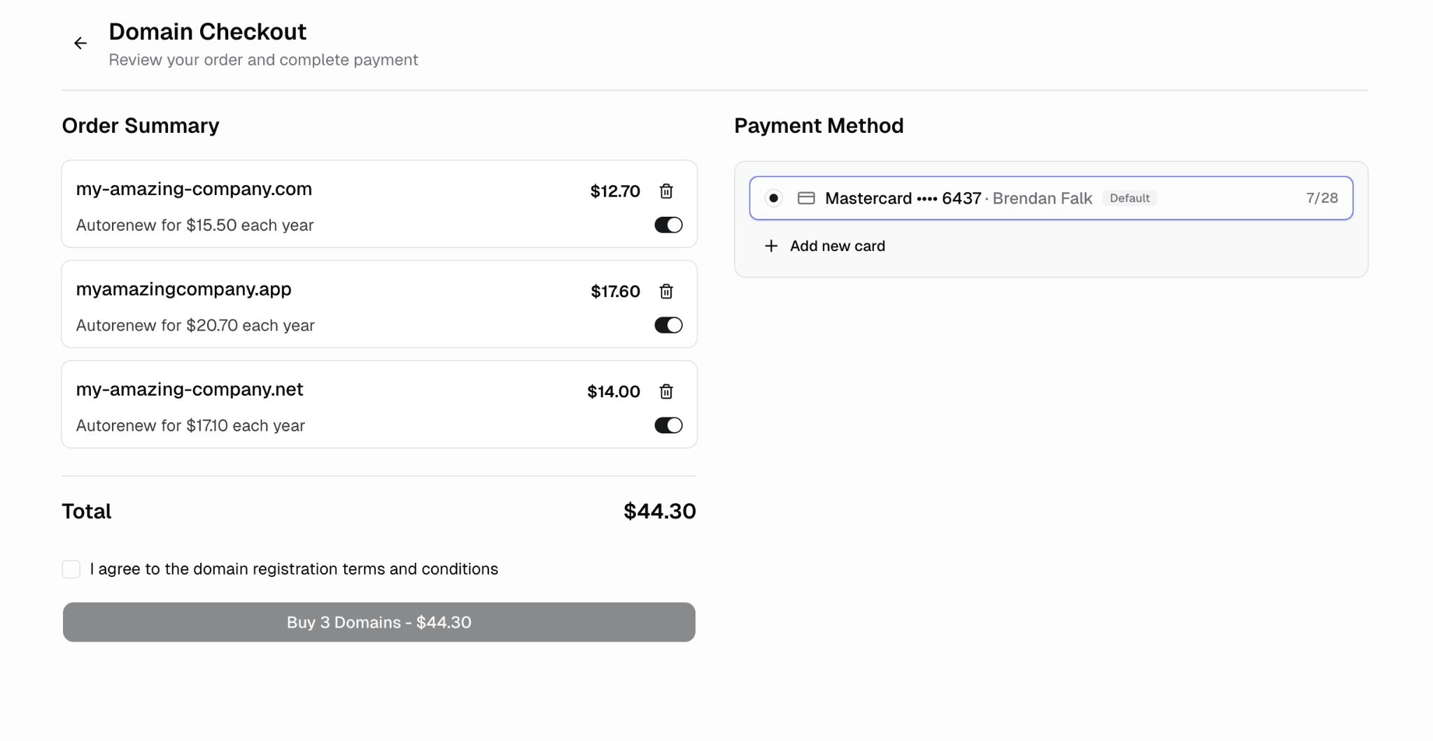 Domain checkout page showing order summary with prices and payment method