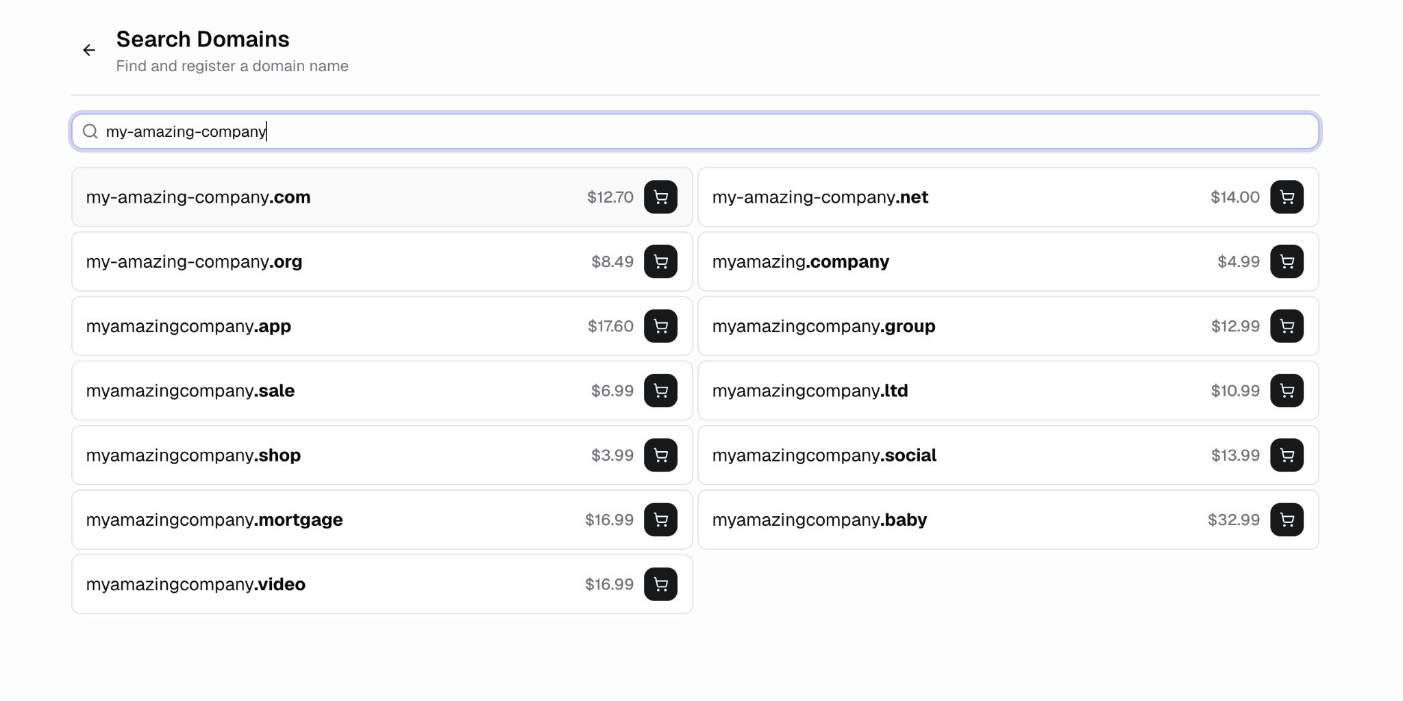 Domain search results showing available domains with prices