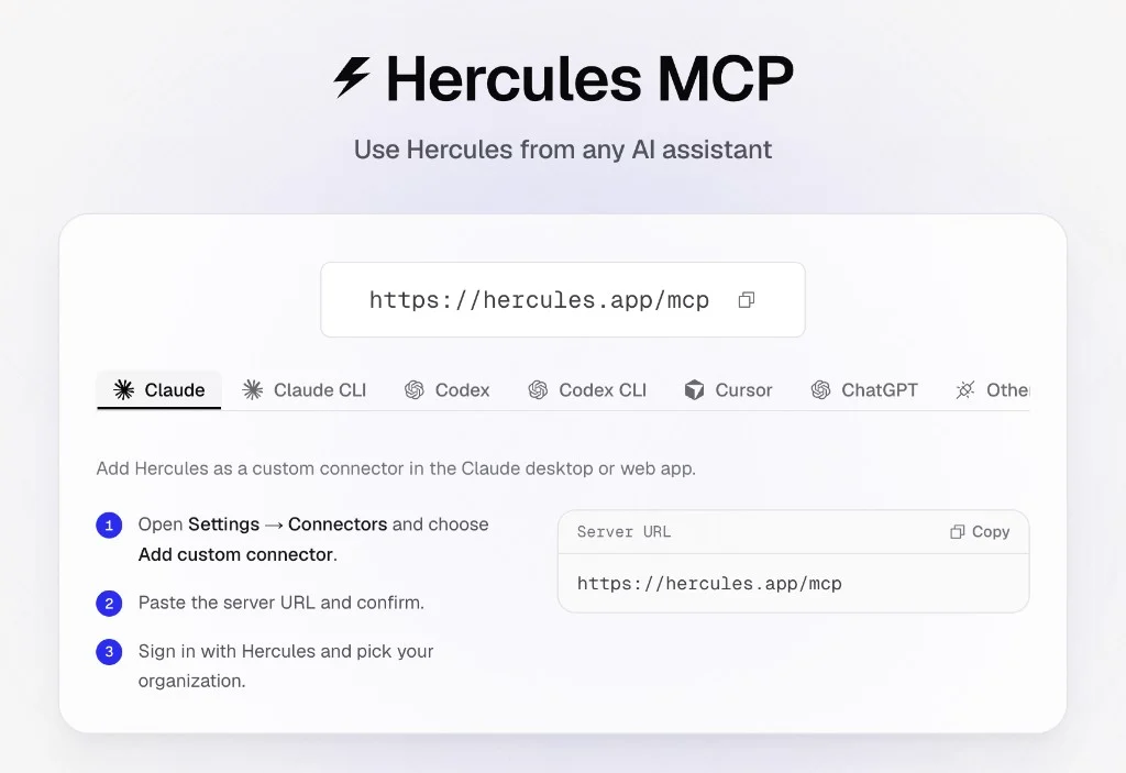 Hercules MCP setup with the server URL and tabs for Claude, Codex, Cursor, ChatGPT, and other AI assistants