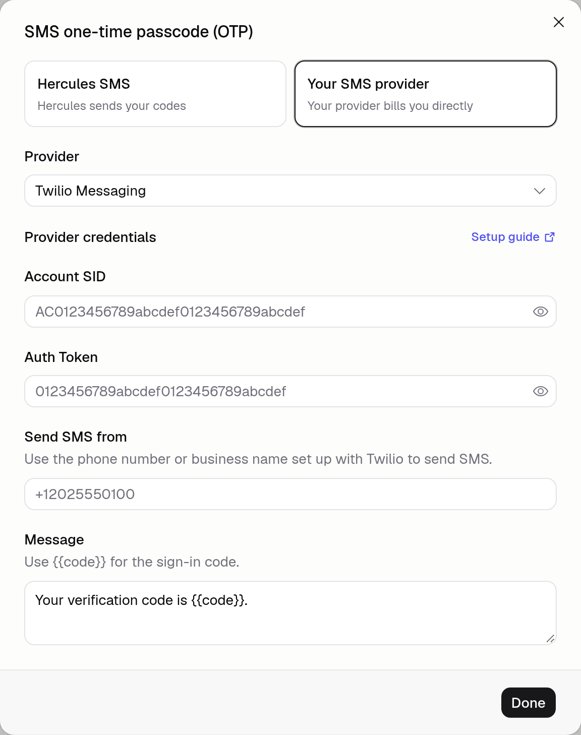 SMS settings with Your SMS provider selected and fields for Twilio credentials, sender, and message
