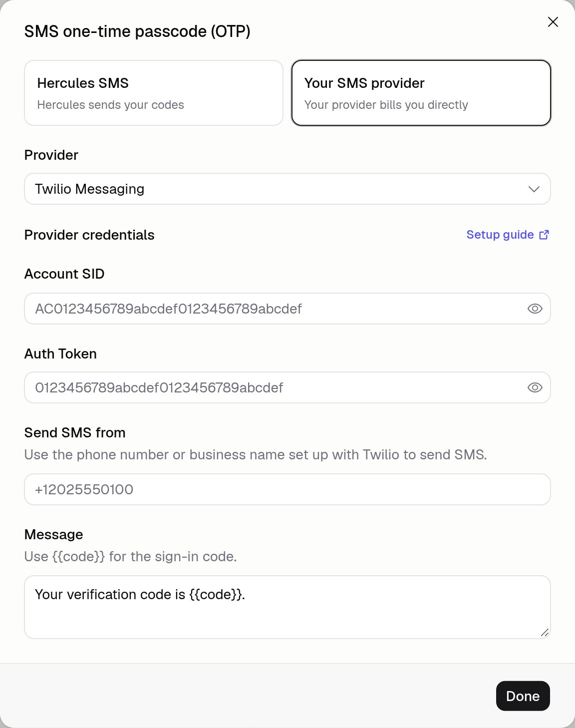SMS settings with Your SMS provider selected and fields for Twilio credentials, sender, and message