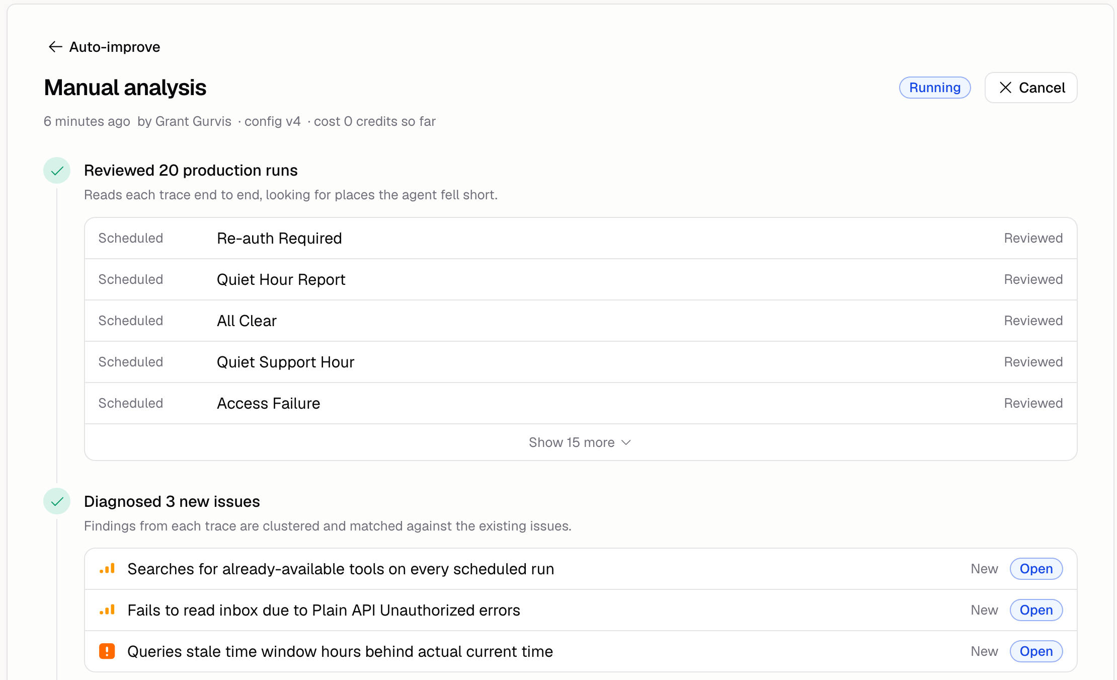 An Auto-improve analysis in progress, showing the runs it reviewed and the new issues it diagnosed