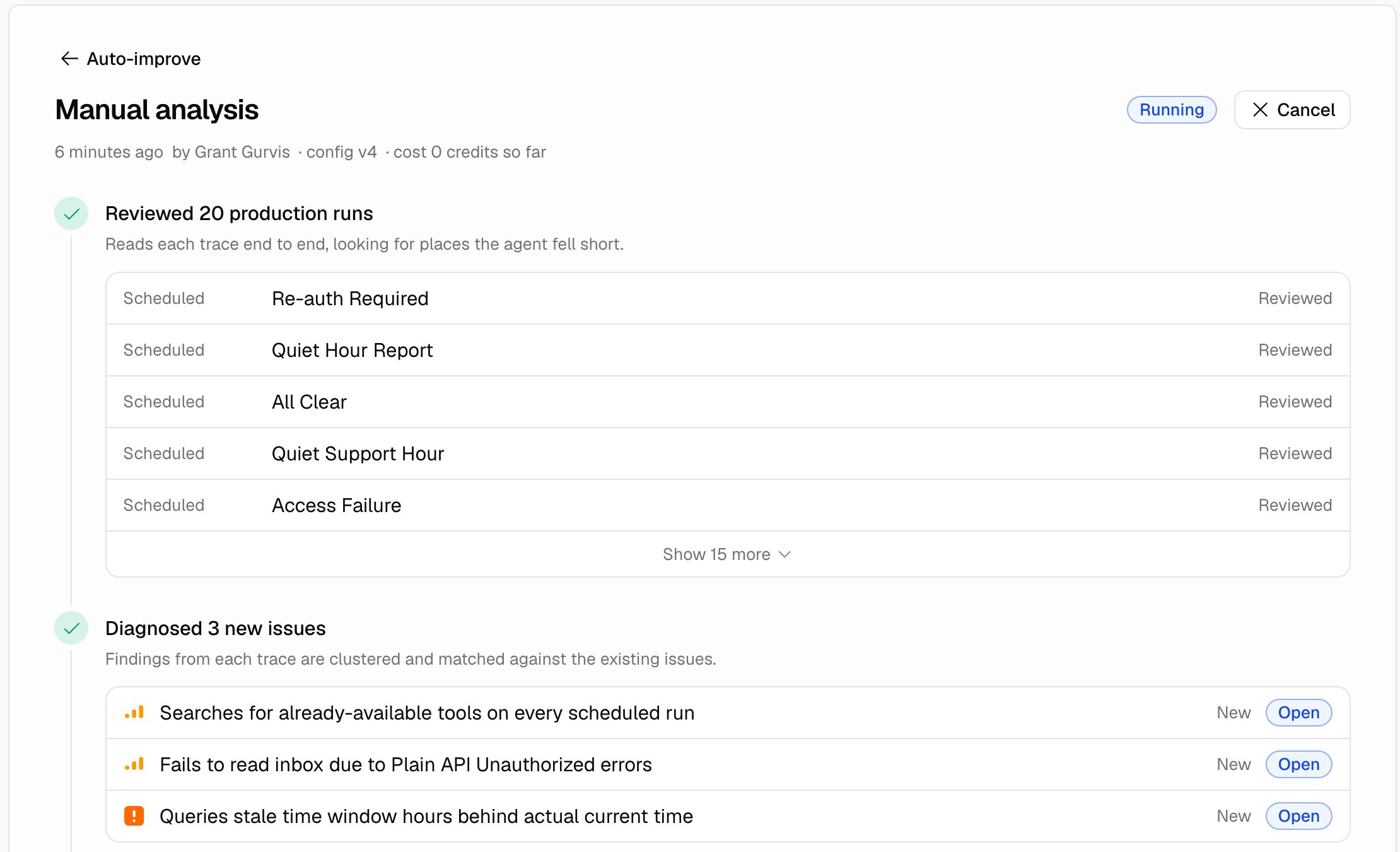 An Auto-improve analysis in progress, showing the runs it reviewed and the new issues it diagnosed
