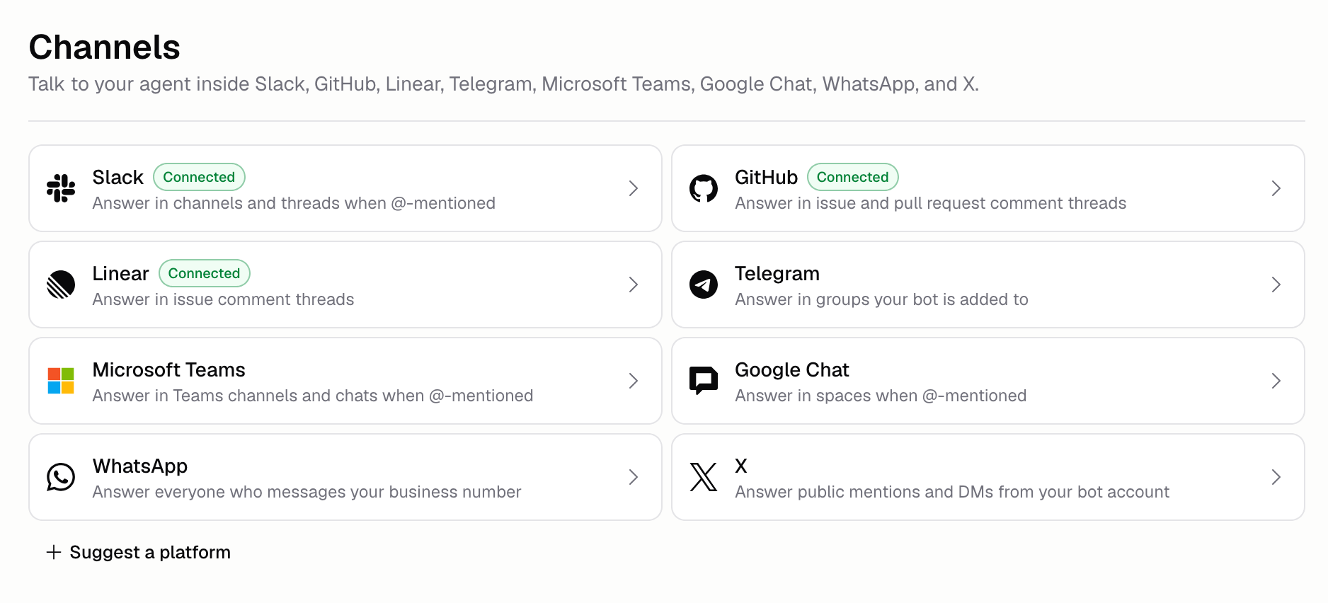 Agent channels page showing cards for Slack, GitHub, Linear, Telegram, Microsoft Teams, Google Chat, WhatsApp, and X