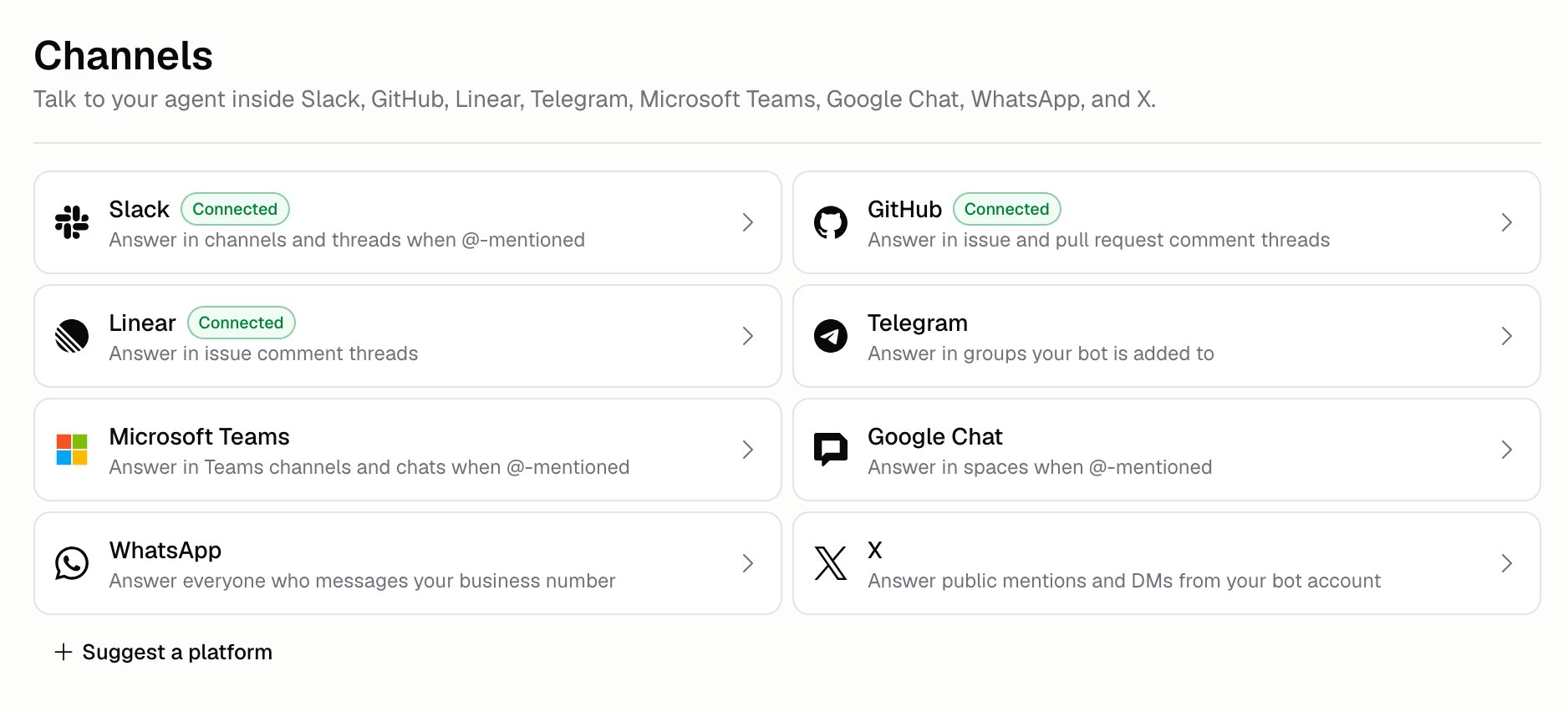 Agent channels page showing cards for Slack, GitHub, Linear, Telegram, Microsoft Teams, Google Chat, WhatsApp, and X