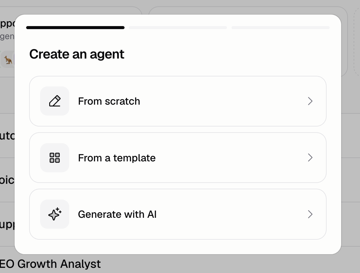 Create an agent dialog offering From scratch, From a template, and Generate with AI