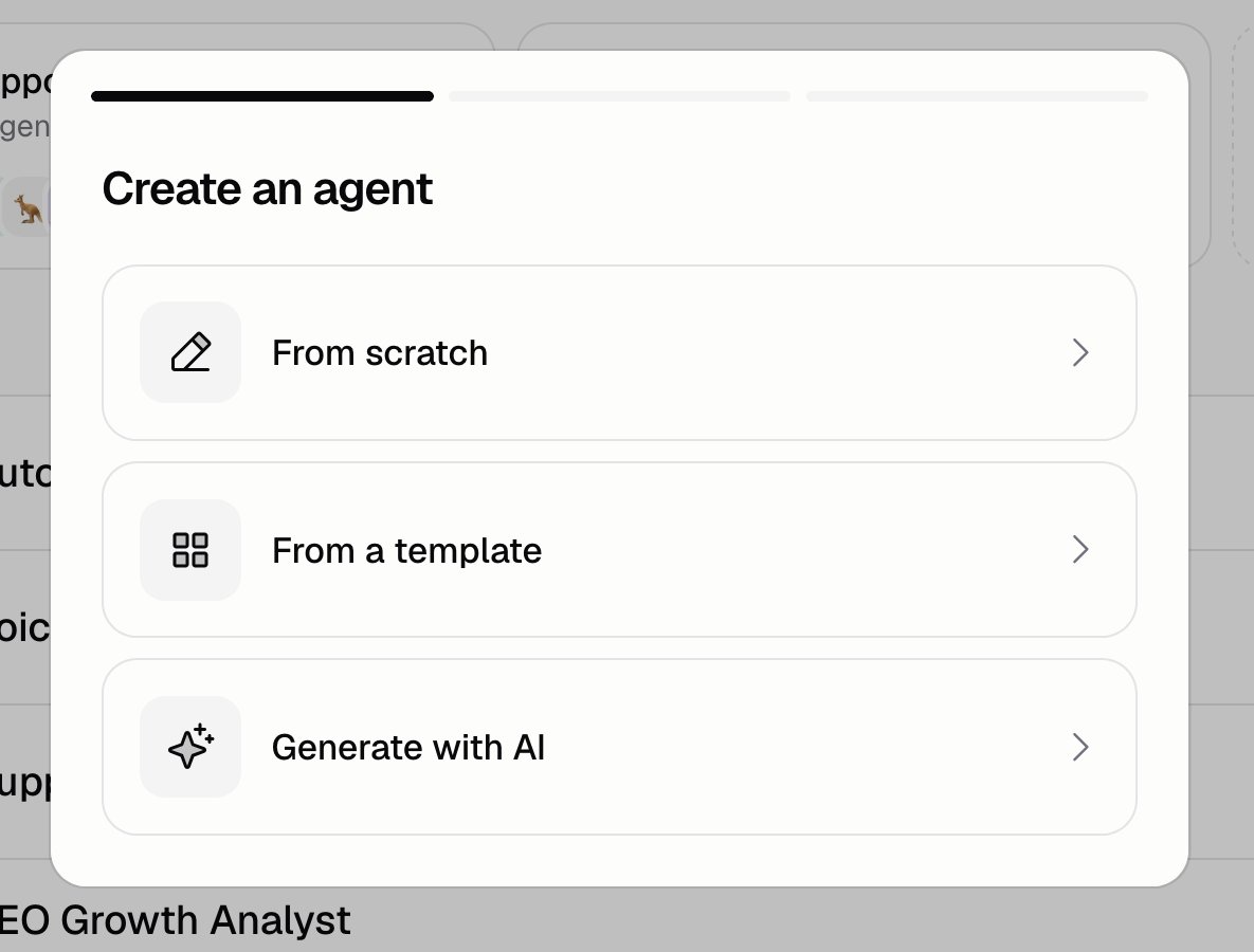 Create an agent dialog offering From scratch, From a template, and Generate with AI