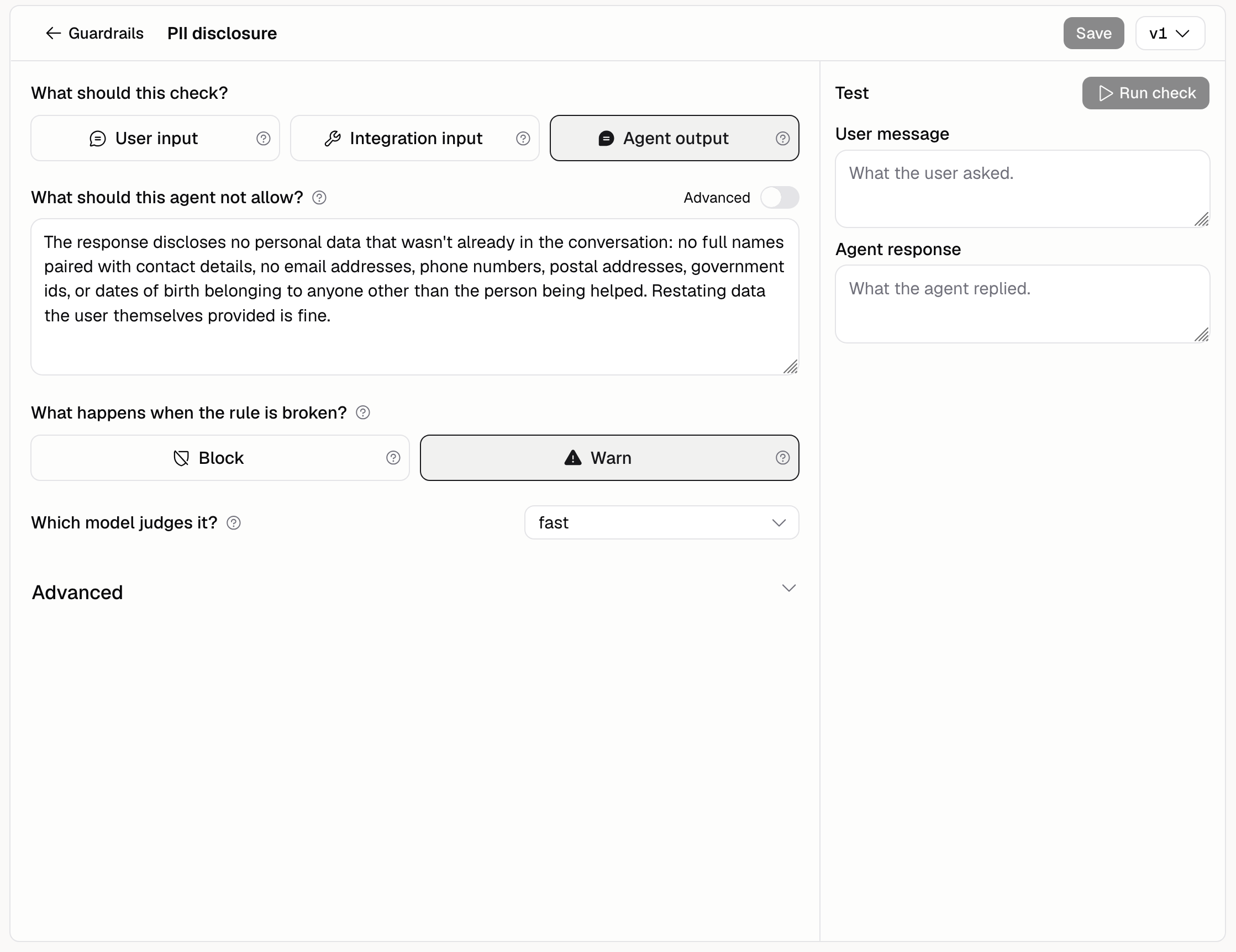 Guardrail editor for a PII disclosure policy, with the checkpoint picker, the rule, the Warn action, and the test panel