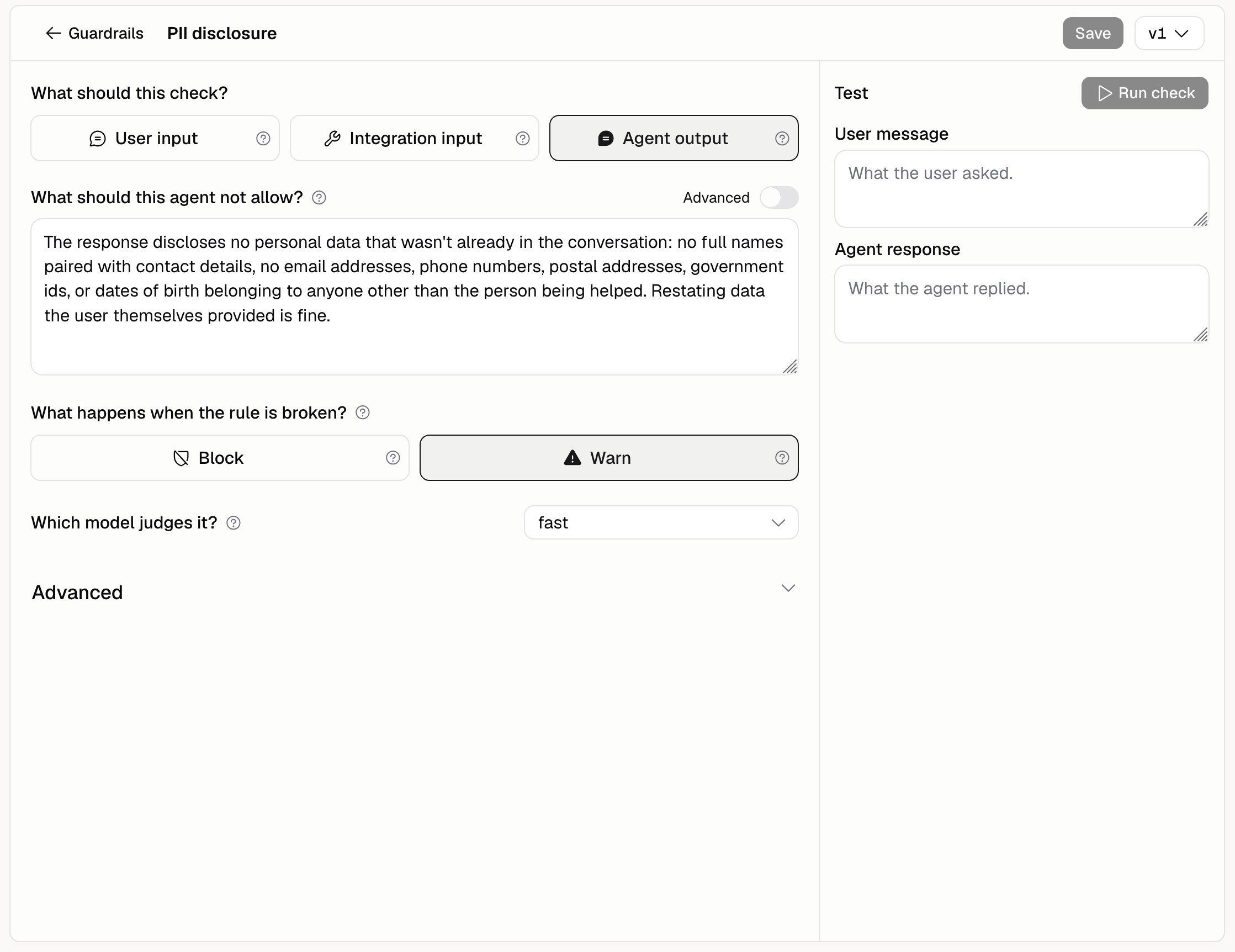 Guardrail editor for a PII disclosure policy, with the checkpoint picker, the rule, the Warn action, and the test panel
