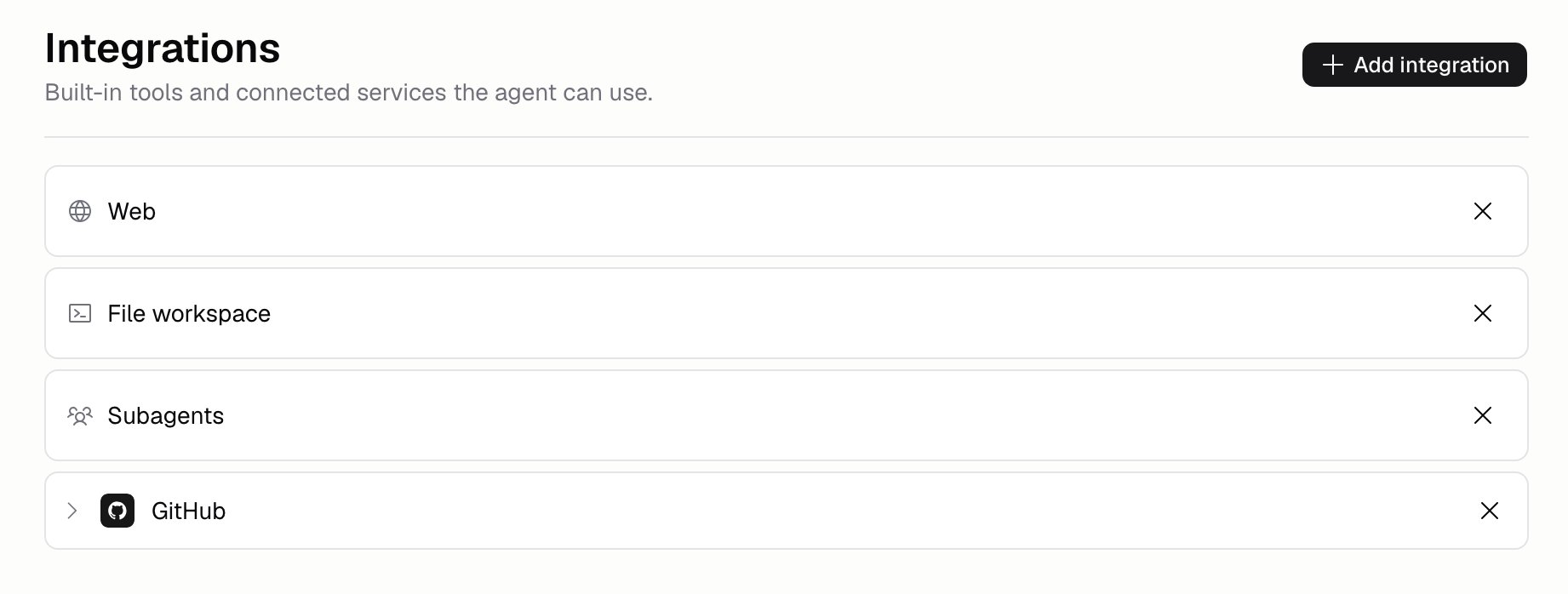Agent integrations page listing the Web, File workspace, and Subagents toolkits plus a connected GitHub service