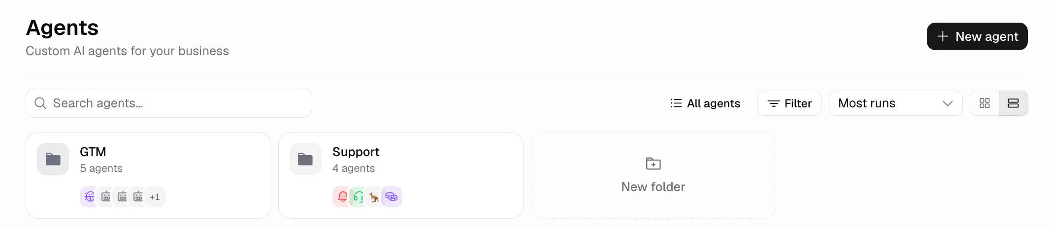 Agents list with folder tiles, search, filter, and sort controls