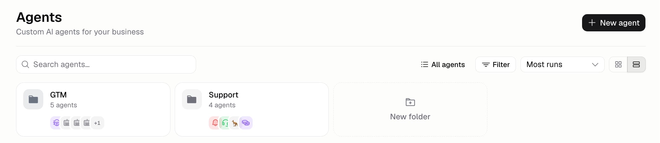 Agents list with folder tiles, search, filter, and sort controls