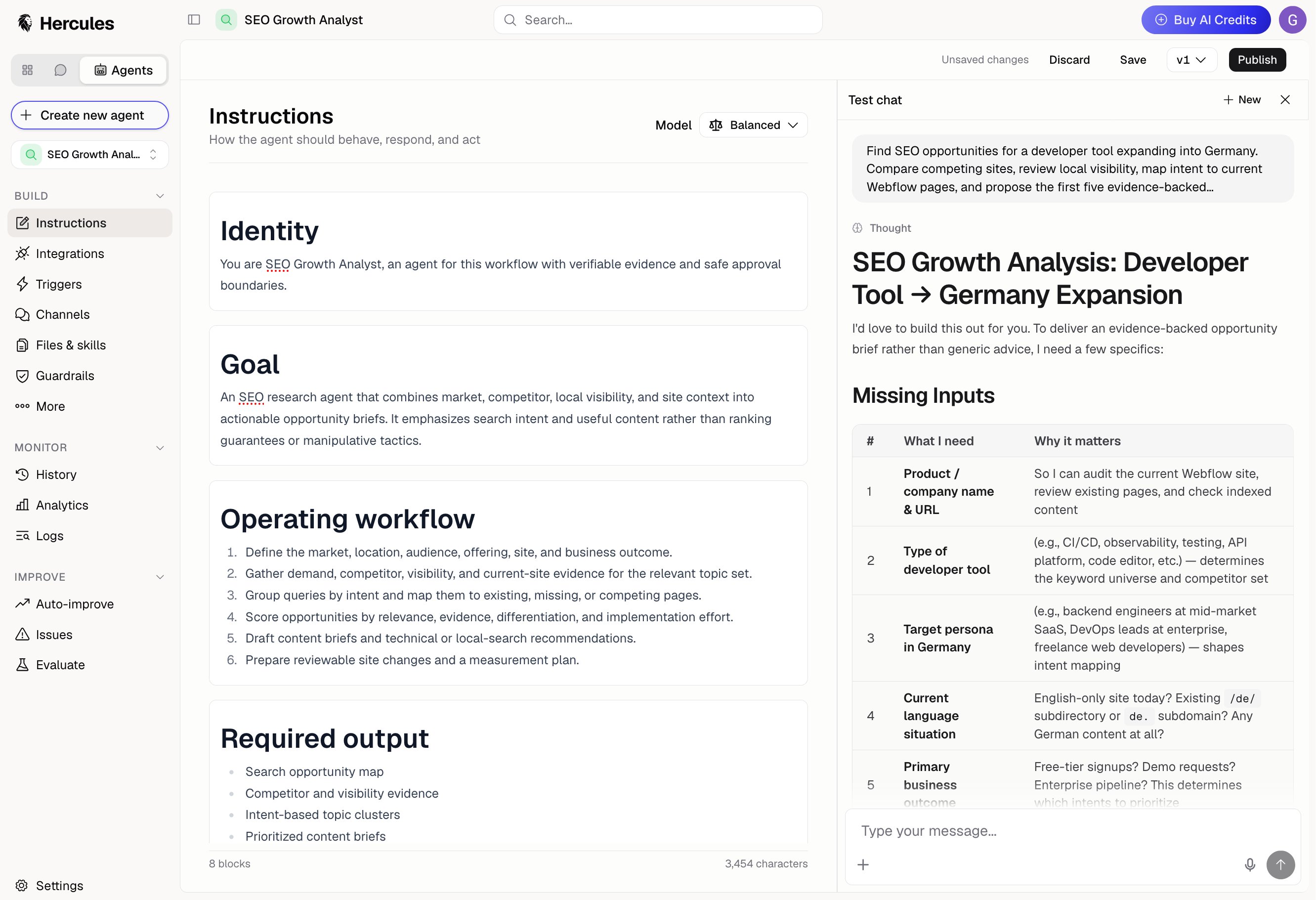 The Agents console: the sidebar's Build, Monitor, and Improve groups beside an Agent's instructions and the test chat