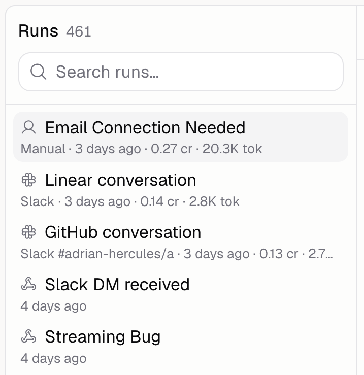 Run history list showing runs with their trigger source, age, credits, and tokens