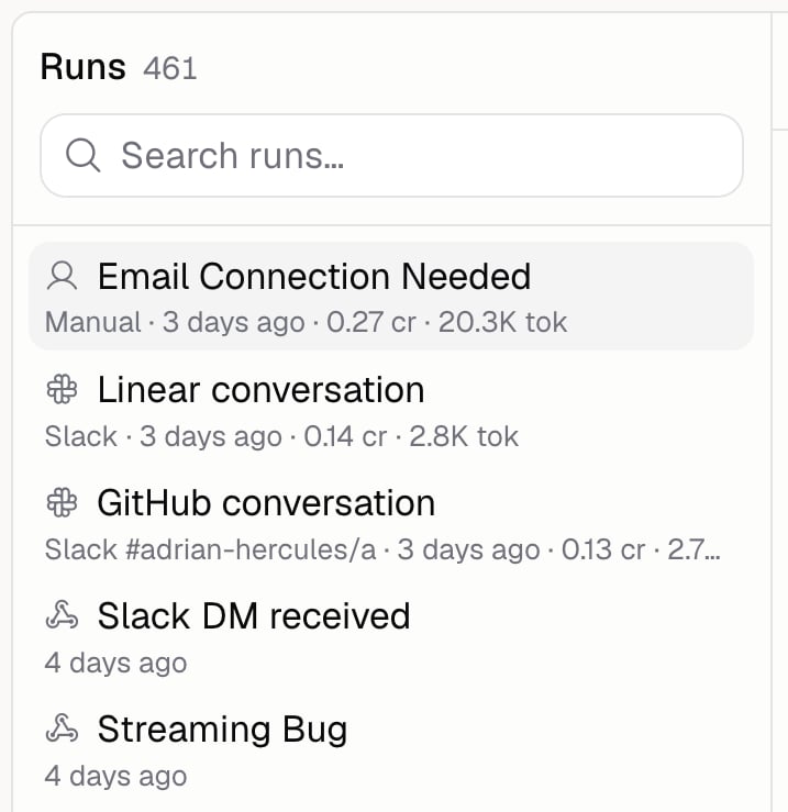 Run history list showing runs with their trigger source, age, credits, and tokens