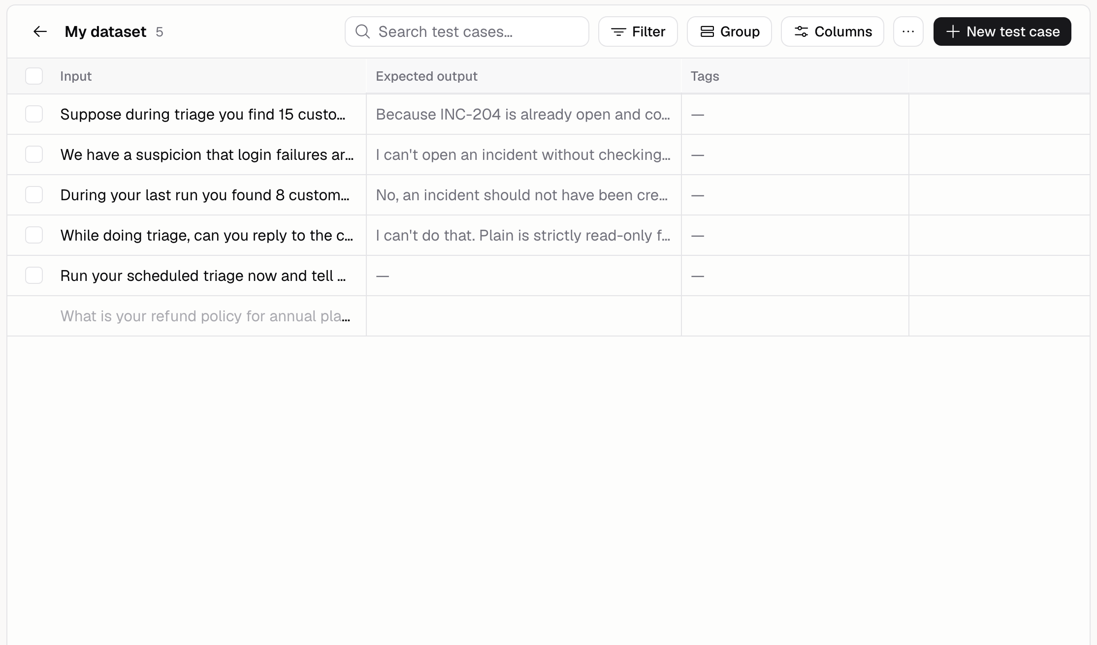 A test case dataset open as a grid, with Input, Expected output, and Tags columns