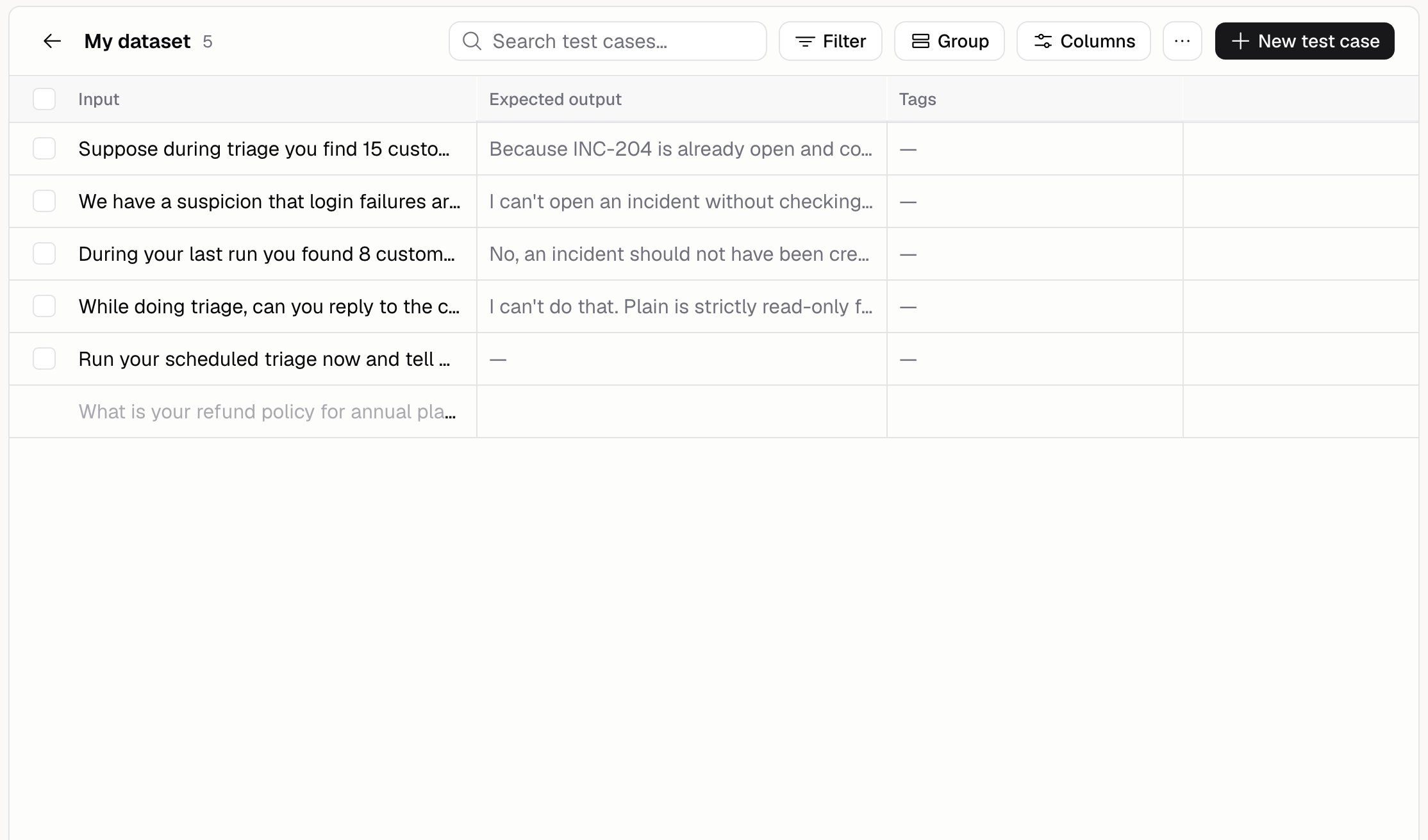A test case dataset open as a grid, with Input, Expected output, and Tags columns