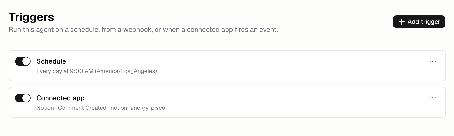 Agent triggers page listing a daily schedule and a connected-app trigger