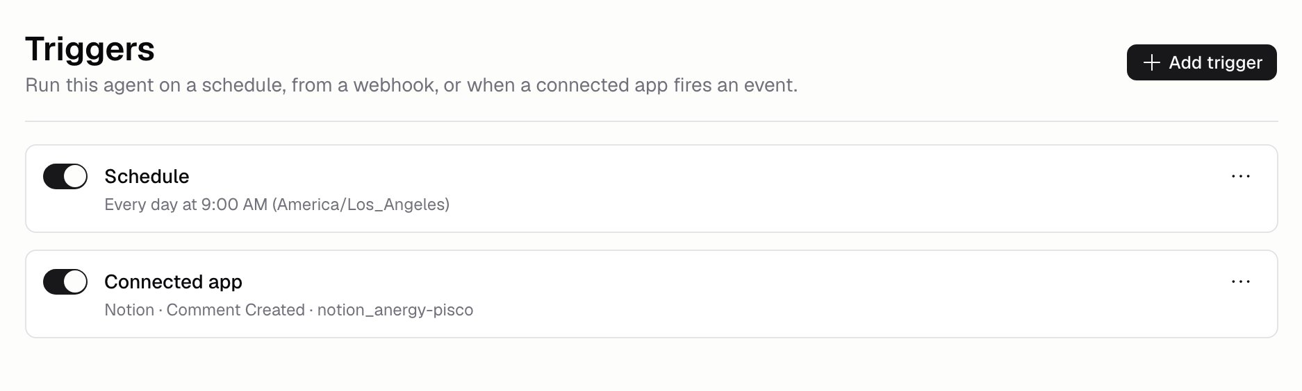 Agent triggers page listing a daily schedule and a connected-app trigger