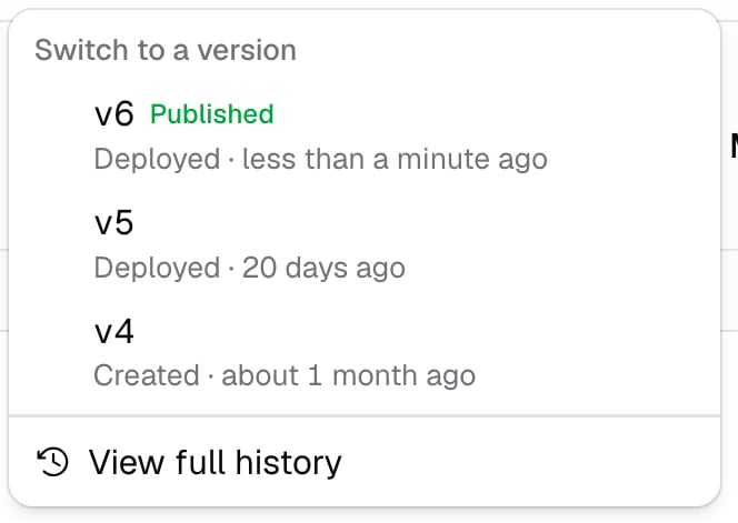 Version switcher listing v6 as published alongside earlier versions