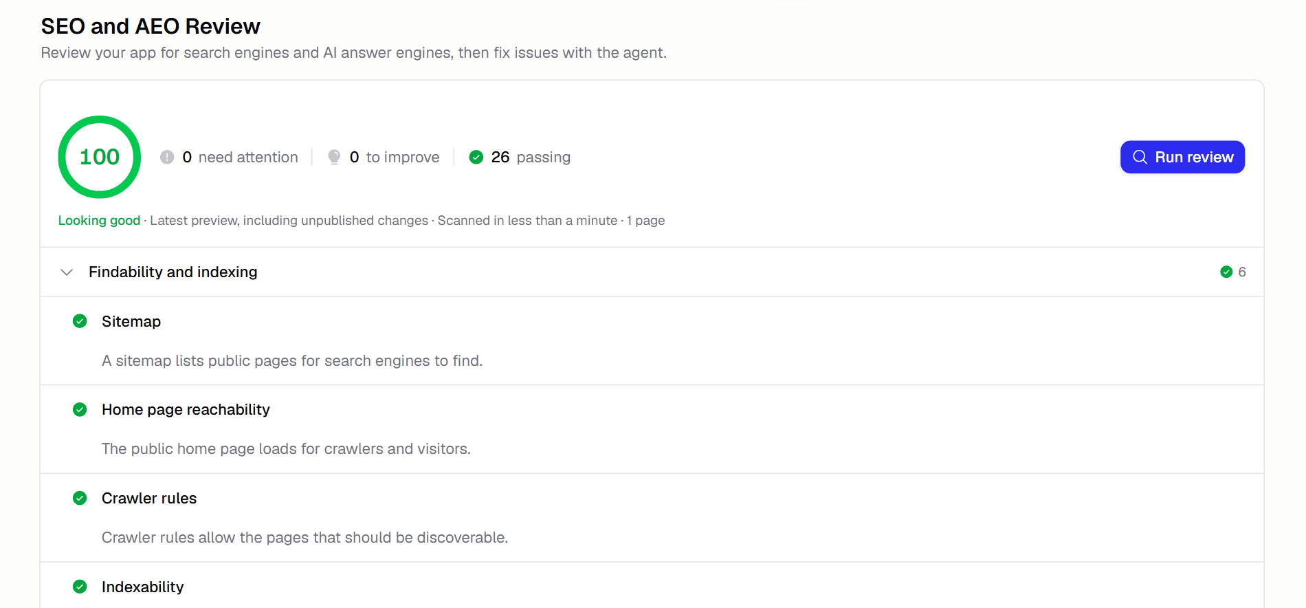 SEO and AEO Review panel with a health score and grouped checks