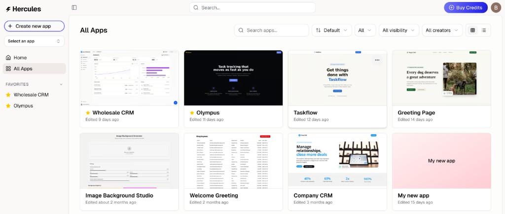 Hercules dashboard showing all apps in the organization