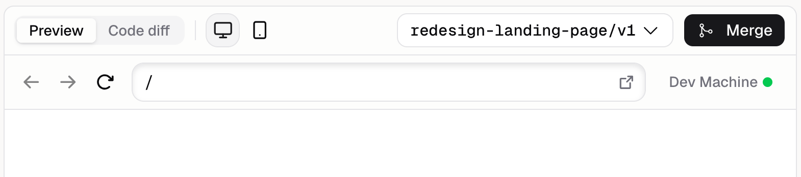 Preview header showing the branch name picker with redesign-landing-page/v1 selected and a Merge button